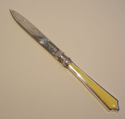 Antique English Sterling Silver & Yellow Guilloche Enamel Letter Opener