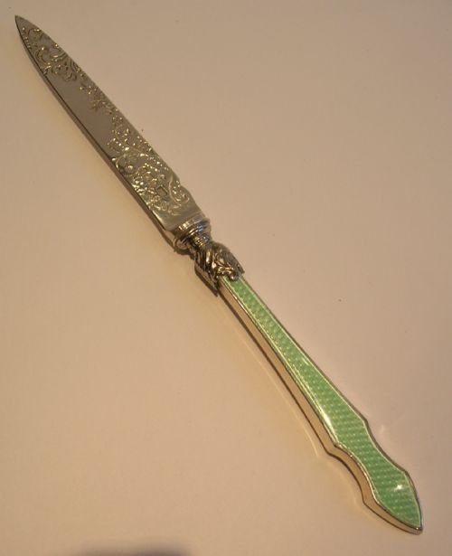 Antique English Sterling Silver & Green Guilloche Enamel Letter Opener