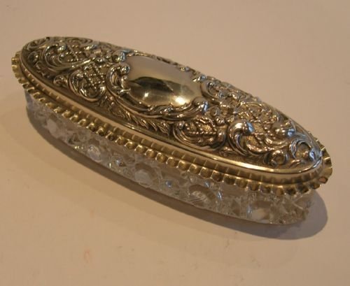 Antique English Oval Glass Box - Sterling Silver Lid - 1906