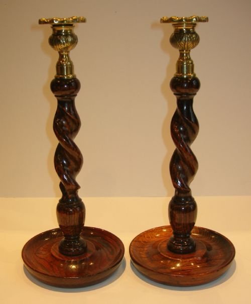 Handsome Pair Solid Oak Barley Twist Candlesticks - Brass Thistle Tops