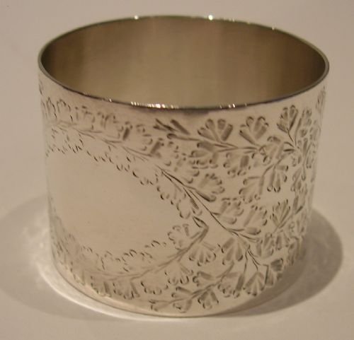 fig 1. Stunning Boxed Pair of English Sterling Silver Napkin Rings - Fern Engraved