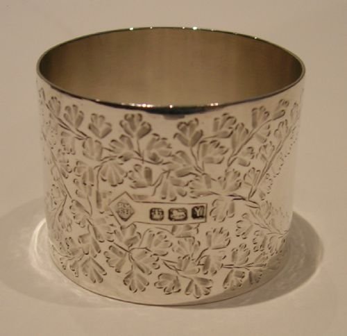 fig 2. Stunning Boxed Pair of English Sterling Silver Napkin Rings - Fern Engraved