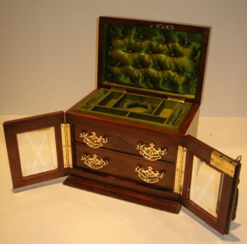 Antique English Walnut Jewellery Box / Cabinet - Bevelled Glass Doors C.1890
