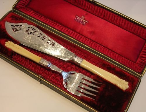 Antique English Silver Plate Fish Servers - Boxed - Carved Ivory Handles
