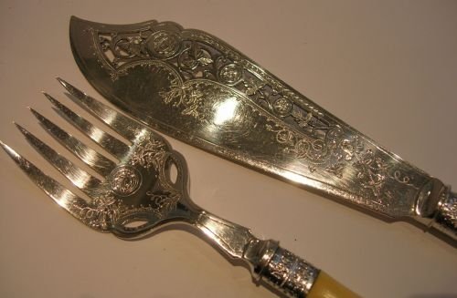 fig 1. Antique English Silver Plate Fish Servers - Boxed - Carved Ivory Handles