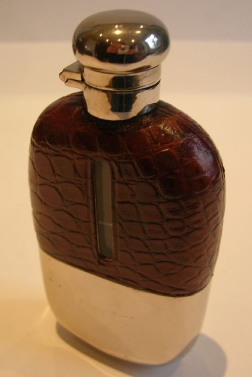 Antique English Crocodile / Alligator Clad Hip Flask - Nickel Plate C.1910