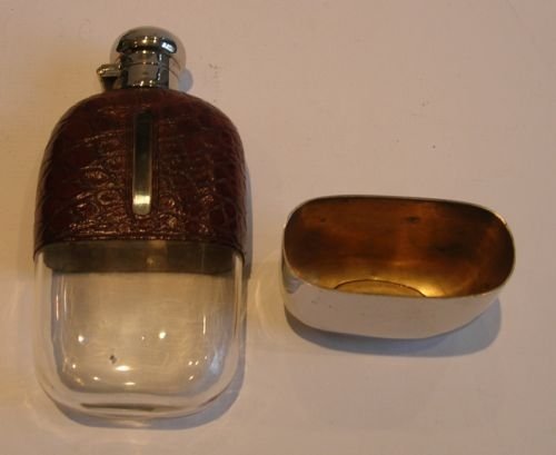 fig 1. Antique English Crocodile / Alligator Clad Hip Flask - Nickel Plate c.1910