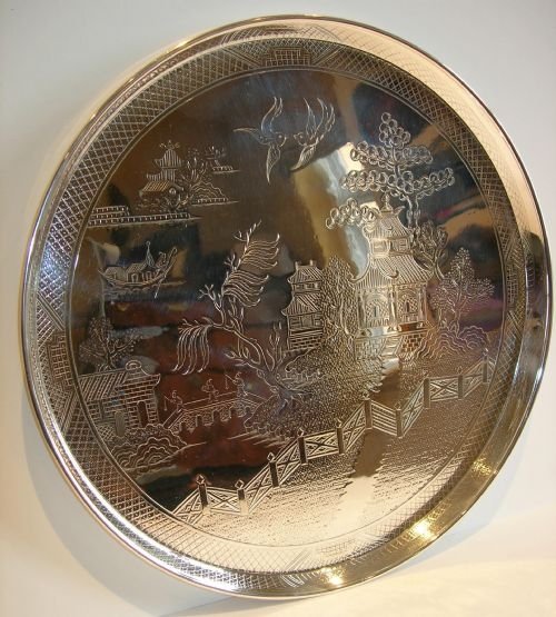 Rare Antique English Circular Tray - Engraved Blue Willow Pattern C.1900