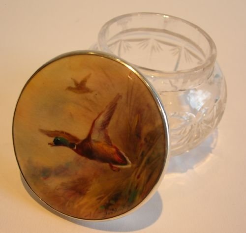 Rare Cut Crystal, Sterling Silver & Royal Worcester Powder Jar - Signed James Stinton - Mallard Ducks