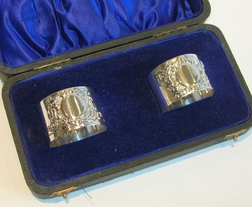 Boxed Pair Antique English Sterling Silver Napkin Rings - London 1898