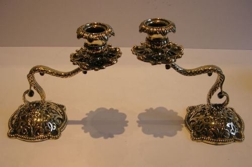 Fabulous Antique English Cast Brass Serpentine Candlesticks C.1890
