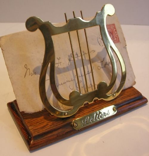 Small Antique English Oak & Brass Lyre " Letters " Rack or Holder