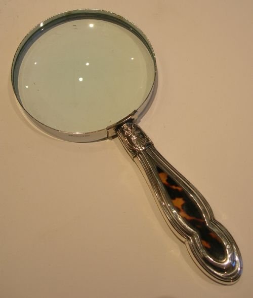 English Sterling Silver & Tortoise Shell Handled Magnifying Glass