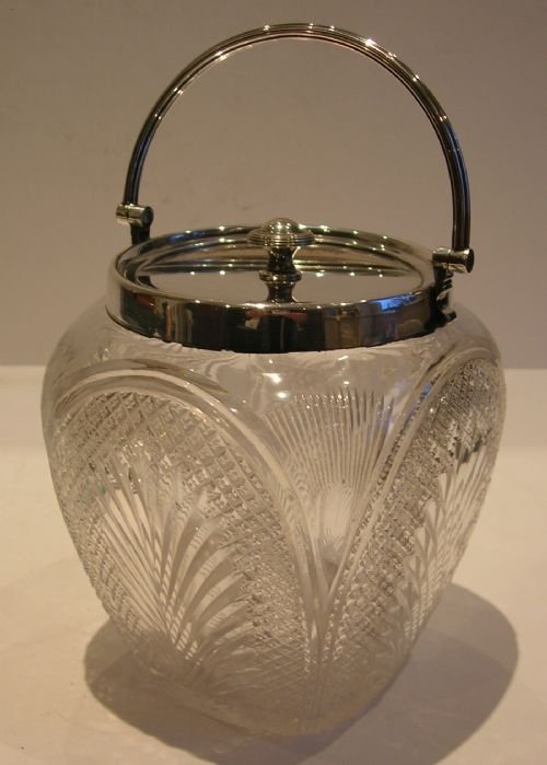 
Antique English Cut Crystal & Silver Plated Biscuit Barrel or Box C.1890
