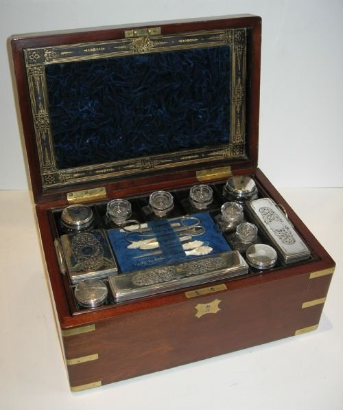 Large Antique Brass Bound Fitted Mahogany Dressing / Vanity / Jewelry Box C.1870