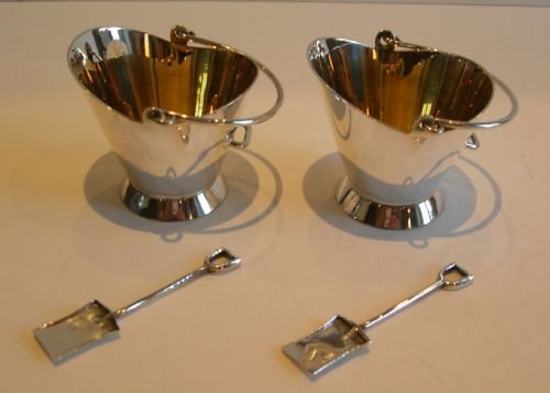 Antique English Pair Figural Salts & Spoons - Coal Pail & Shovels C.1895