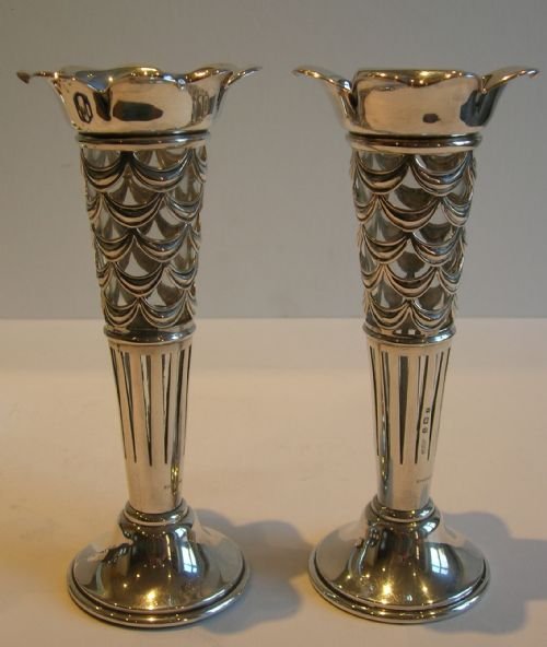 Stunning Pair Antique Sterling Silver Trumpet Vases - English - 1908