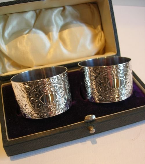 Boxed Pair Antique English Sterling Silver Napkin Rings - 1895