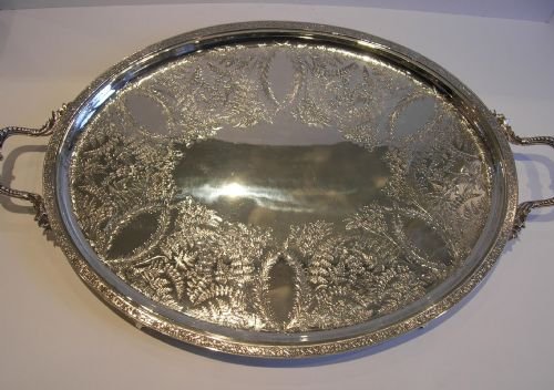 Large Grand English Silver Plated Serving Tray - Fern Engraved - C.1895