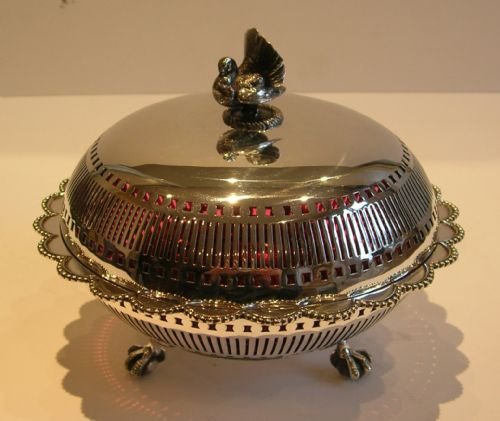 Rare Antique English Cranberry Lined Dish - Turkey - Elkington 1872 - Silver Plate
