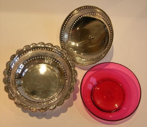 fig 2. Rare Antique English Cranberry Lined Dish - Turkey - Elkington 1872 - Silver Plate