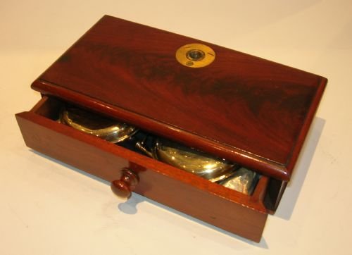 fig 3. Antique English Travelling Apothecary Scales In Flamed Mahogany & Brass c.1870