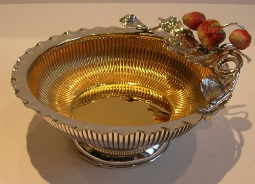 Rare English Victorian Silver Plated Strawberry Dish - Ceramic Strawberries C.1890