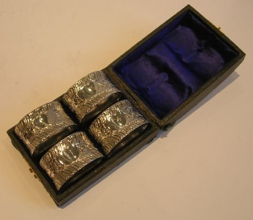 fig 1. Boxed Set Four Antique English Silver Plated Napkin Rings - Hearts