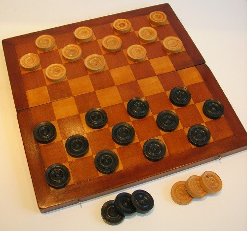 Folding Antique English Mahogany & Beech Wood Chess / Checkers Board with Checkers