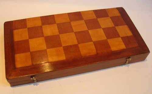 fig 1. Folding Antique English Mahogany & Beech Wood Chess / Checkers Board With Checkers