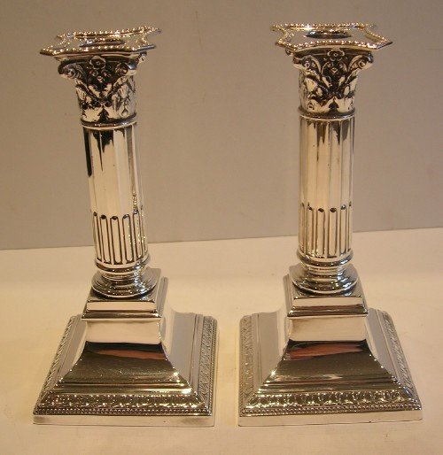 Handsome Pair Antique English Silver Plated Corinthian Column Candlesticks C.1900 / 1910