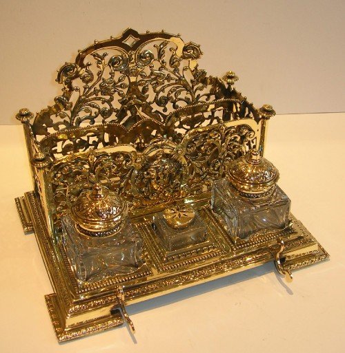 Grand Antique English Cast Brass Stationery Caddy / Inkstand - Reg. Number for 1886