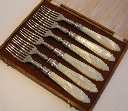 Antique English Sterling Silver & Mother of Pearl Cake or Desert Forks - 1871