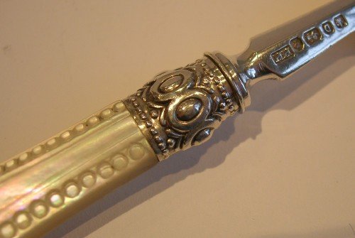 fig 1. Antique English Sterling Silver & Mother of Pearl Cake or Desert Forks - 1871