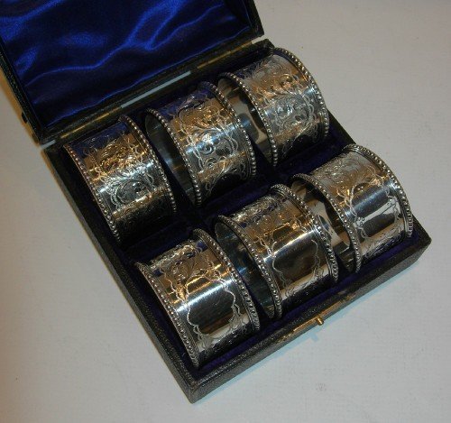 Beautiful Boxed Set Six English Sterling Silver Napkin Rings - 1903