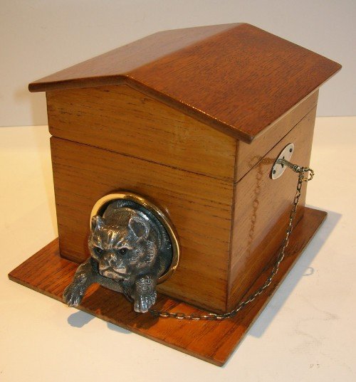 fig 1. Fabulous Antique Novelty French Oak Dog & Kennel Cigar Box c.1880
