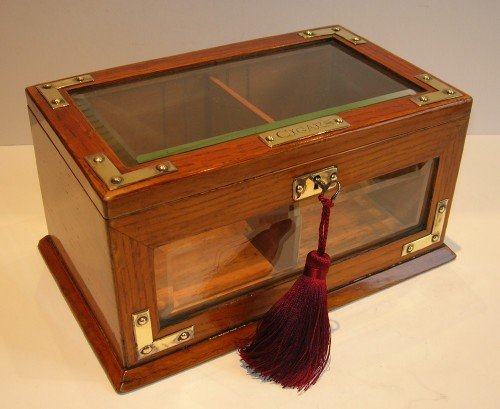 Antique Brass Mounted English Oak Cigar Box - Bevelled Glass Panels