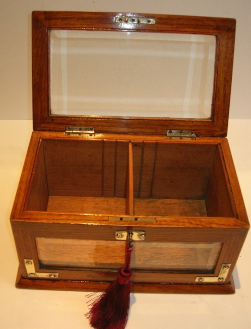fig 1. Antique Brass Mounted English Oak Cigar Box - Bevelled Glass Panels