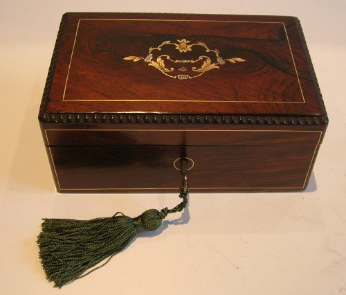 Elegant Antique French Rosewood Jewelry Box - Brass & Mother of Pearl Inlay