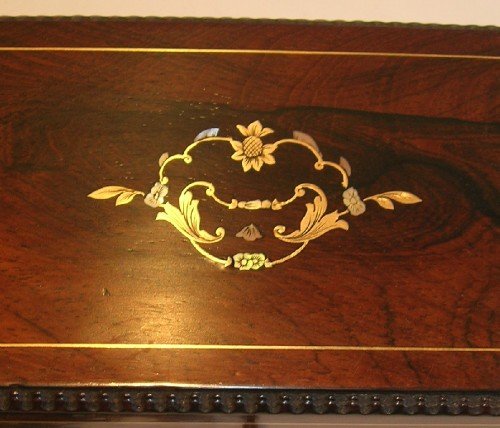 fig 1. Elegant Antique French Rosewood Jewelry Box - Brass & Mother of Pearl Inlay