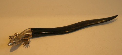 Antique English Horn & Silver Plated Figural Letter Opener - Lizard