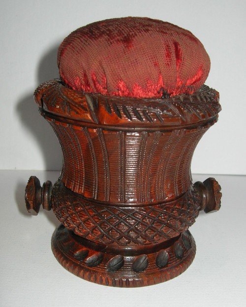 Fabulous Carved Treen Pin Cushion / Lignum Vitae / Scottish Thistle C.1860