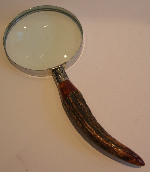 Grand Antique English Antler Horn & Sterling Silver Magnifying Glass - 1881