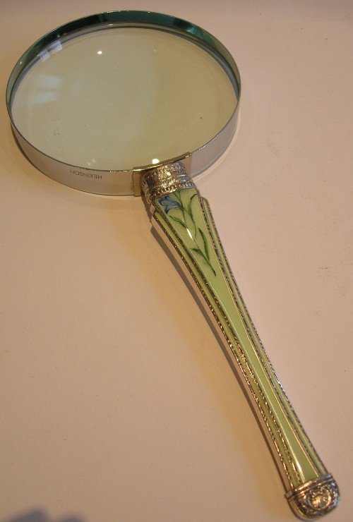 Large Magnifying Glass - Pretty Floral Sterling Silver & Guilloche Enamel Handle - 1911