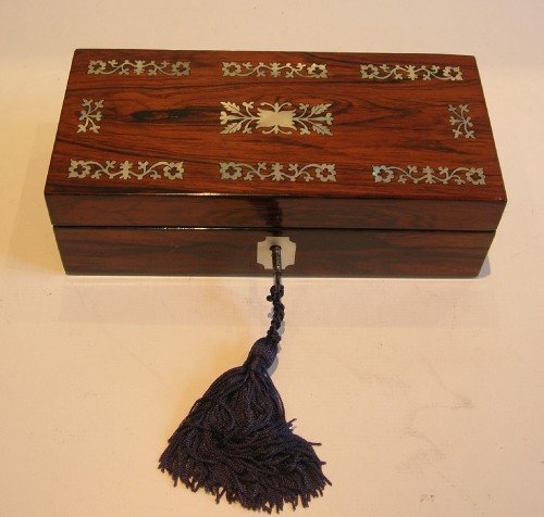 Antique Rosewood Jewelry / Trinket Box - Mother of Pearl Inlaid C.1840