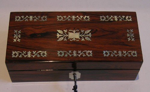 fig 1. Antique Rosewood Jewelry / Trinket Box - Mother of Pearl Inlaid c.1840 