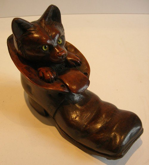 Charming Antique Black Forest Carved Cat in Boot or Shoe Inkwell C.1900