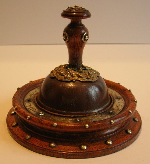 Antique English / French Oak and Brass Table Bell & Stand C.1880