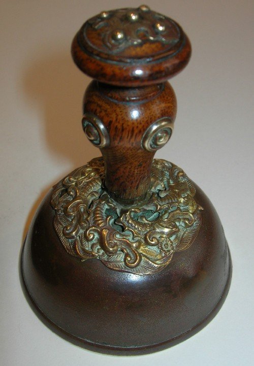 fig 1. Antique English / French Oak and Brass Table Bell & Stand c.1880