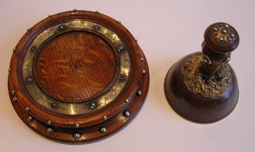 fig 2. Antique English / French Oak and Brass Table Bell & Stand c.1880